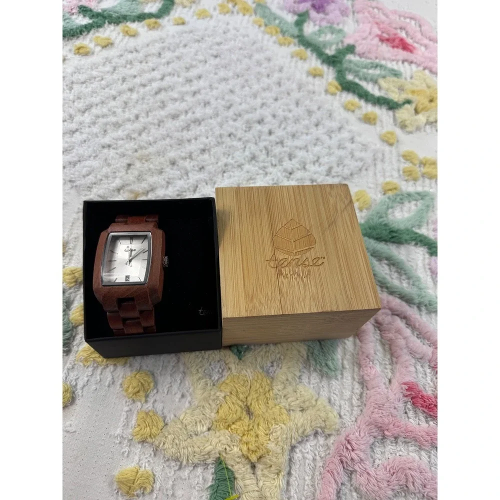 Tense Wood Watch Rectangular Face Silver Dial Date‎ Window Japan Movt